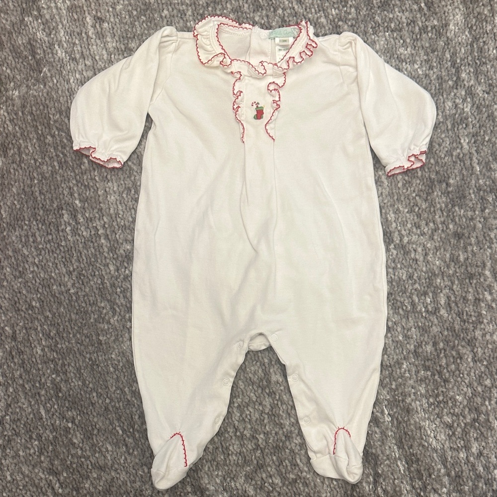 EUC Petit Ami Christmas stocking embroidered ruffle butt one piece 3m